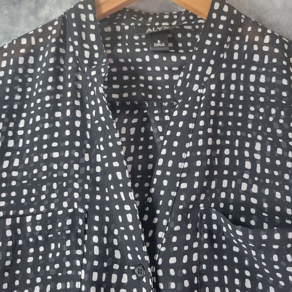 Alyx Womens Sheer Shirt Dress‎ Black White Dot Print Button Front Size S Career - Picture 11 of 12